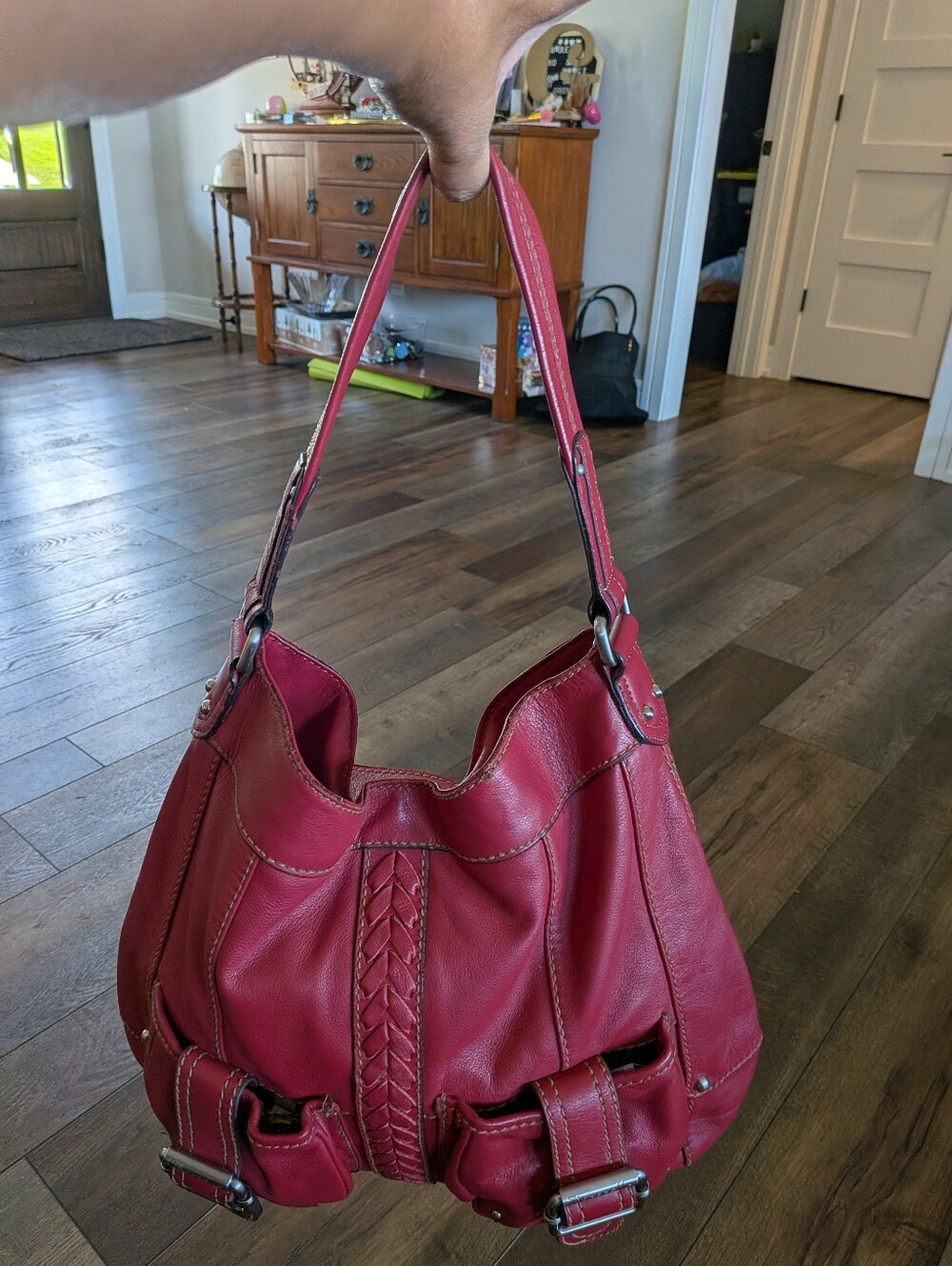 Tignanello Red Leather Shoulder Bag Hobo Braided Detail - Picture 1 of 12